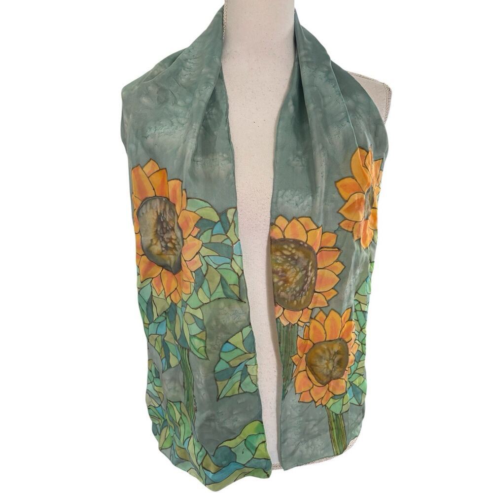 Hand-Painted Batik Long Silk Scarf w/ rolled edge Sunflower Rectangle 10 X 59”